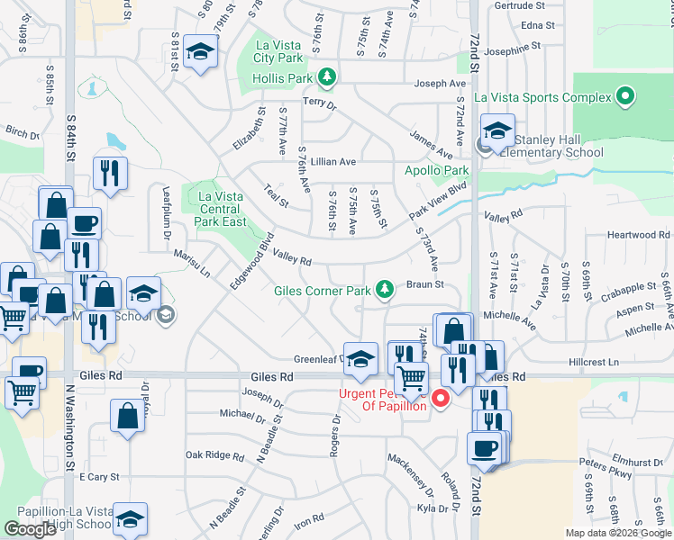 map of restaurants, bars, coffee shops, grocery stores, and more near 7711 Braun Avenue in La Vista