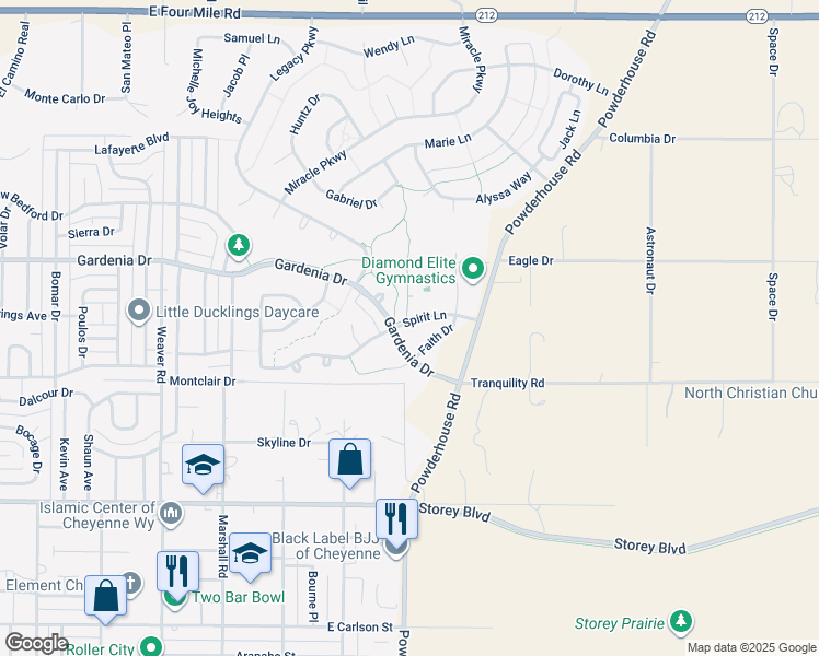 map of restaurants, bars, coffee shops, grocery stores, and more near 1129 Spirit Lane in Cheyenne
