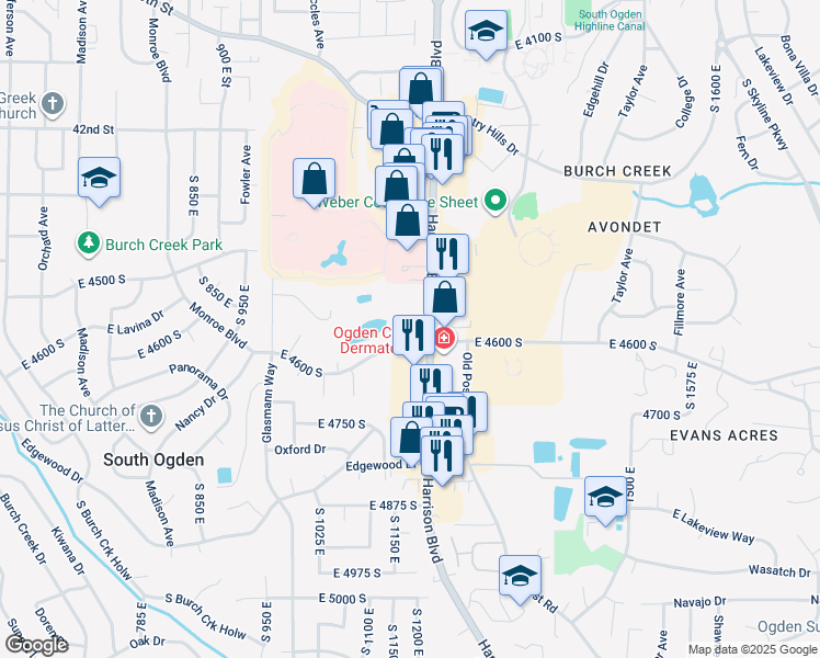 map of restaurants, bars, coffee shops, grocery stores, and more near in Ogden