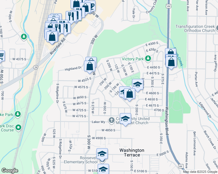 map of restaurants, bars, coffee shops, grocery stores, and more near 4608 South 150 West in Ogden