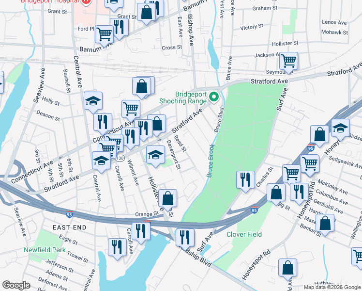 map of restaurants, bars, coffee shops, grocery stores, and more near 170 Kelsey Street in Bridgeport