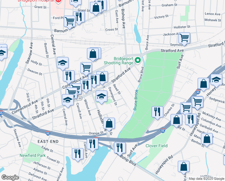 map of restaurants, bars, coffee shops, grocery stores, and more near 170 Kelsey Street in Bridgeport