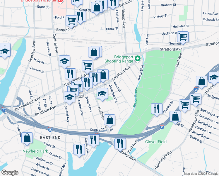 map of restaurants, bars, coffee shops, grocery stores, and more near 68 Hewitt Street in Bridgeport