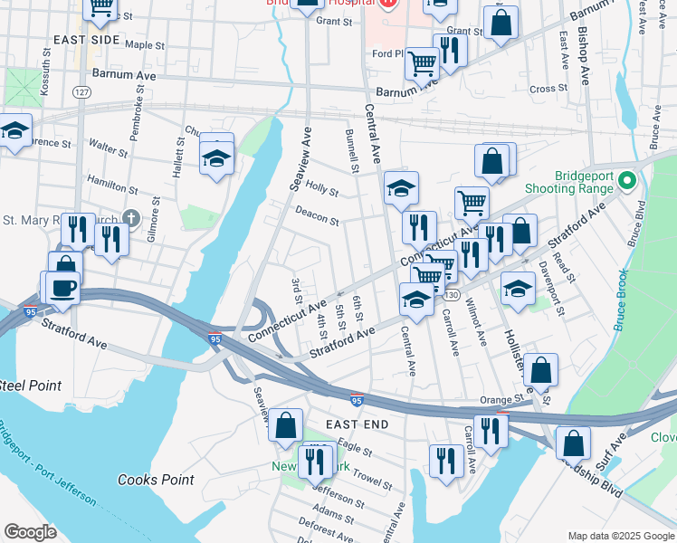map of restaurants, bars, coffee shops, grocery stores, and more near 469 Connecticut Avenue in Bridgeport