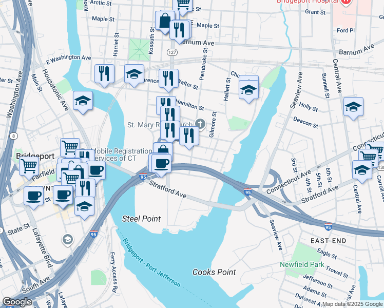 map of restaurants, bars, coffee shops, grocery stores, and more near 349 Nichols Street in Bridgeport
