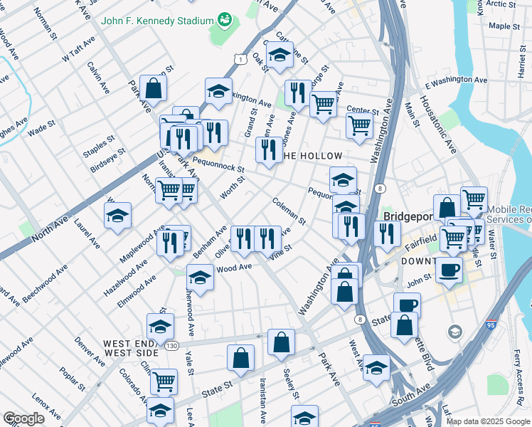 map of restaurants, bars, coffee shops, grocery stores, and more near 252 Olive Street in Bridgeport