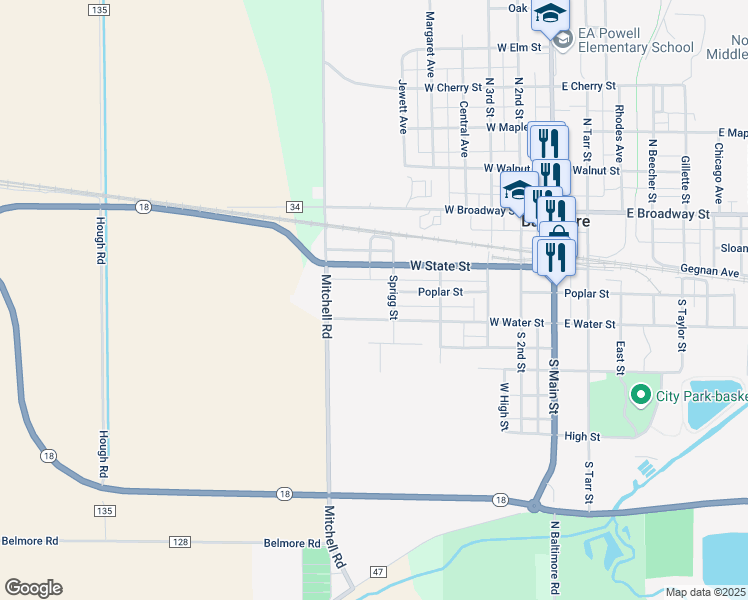 map of restaurants, bars, coffee shops, grocery stores, and more near 511 West Water Street in North Baltimore