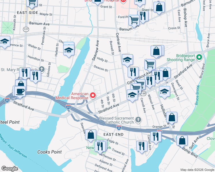 map of restaurants, bars, coffee shops, grocery stores, and more near 469 Connecticut Avenue in Bridgeport