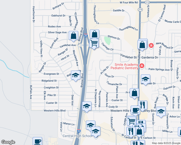 map of restaurants, bars, coffee shops, grocery stores, and more near 511 Notre Dame Ct in Cheyenne