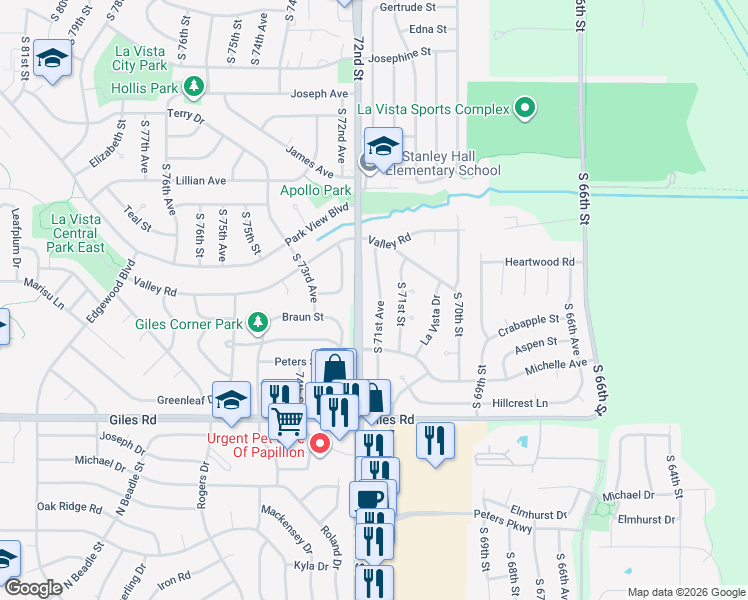 map of restaurants, bars, coffee shops, grocery stores, and more near 7817 South 71st Avenue in La Vista