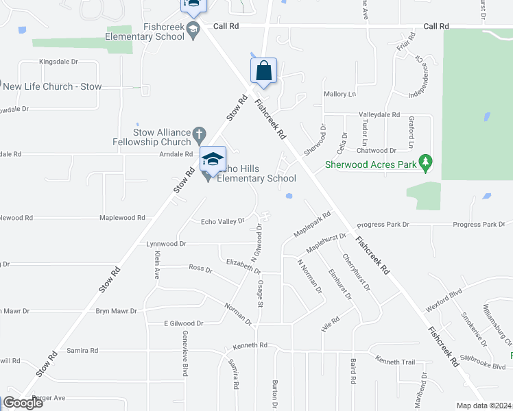 map of restaurants, bars, coffee shops, grocery stores, and more near 2378 Echo Valley Drive in Stow