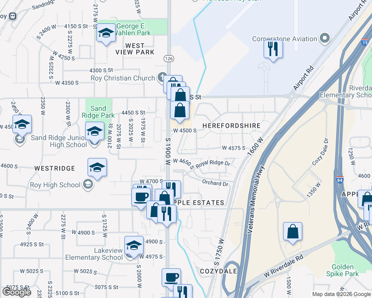 map of restaurants, bars, coffee shops, grocery stores, and more near 1790 Grove Hideaway Street in Roy