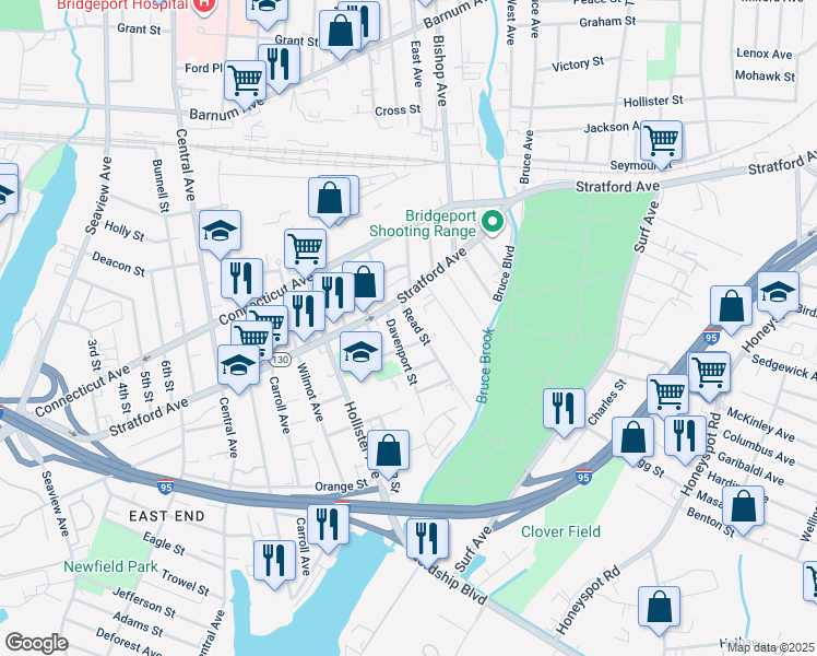 map of restaurants, bars, coffee shops, grocery stores, and more near 170 Kelsey Street in Bridgeport