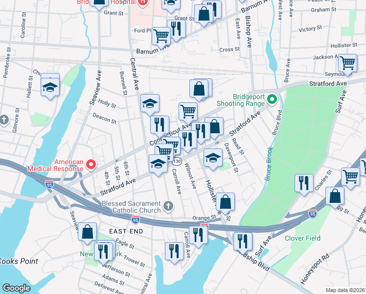 map of restaurants, bars, coffee shops, grocery stores, and more near 1443 Stratford Avenue in Bridgeport
