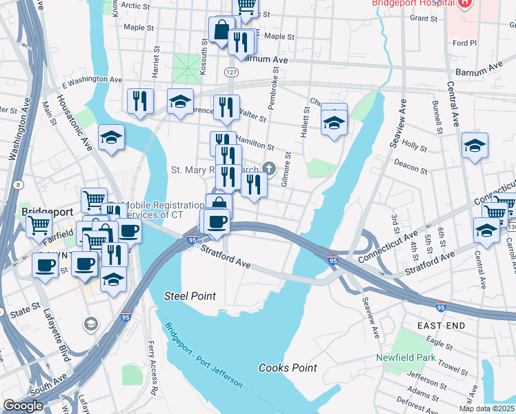 map of restaurants, bars, coffee shops, grocery stores, and more near 349 Nichols Street in Bridgeport