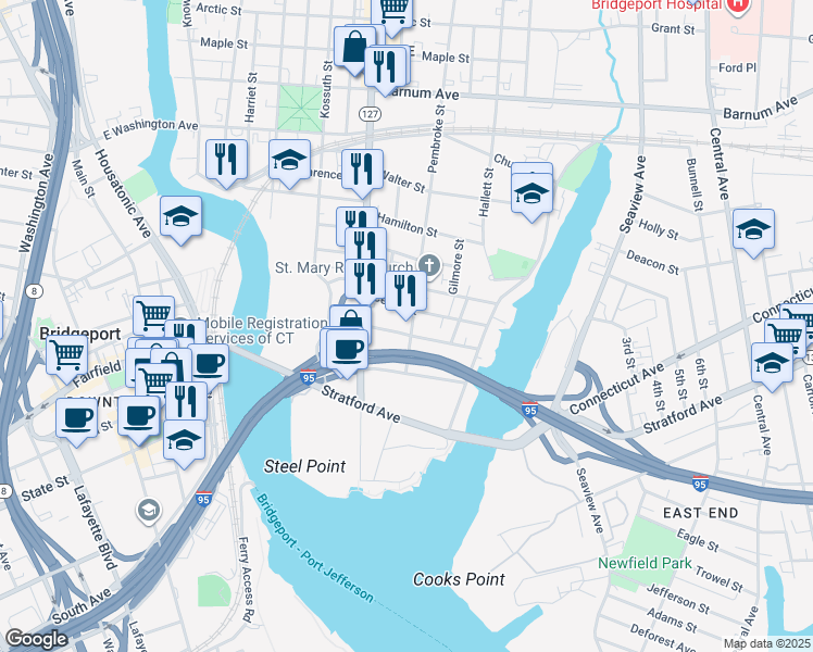 map of restaurants, bars, coffee shops, grocery stores, and more near 349 Nichols Street in Bridgeport