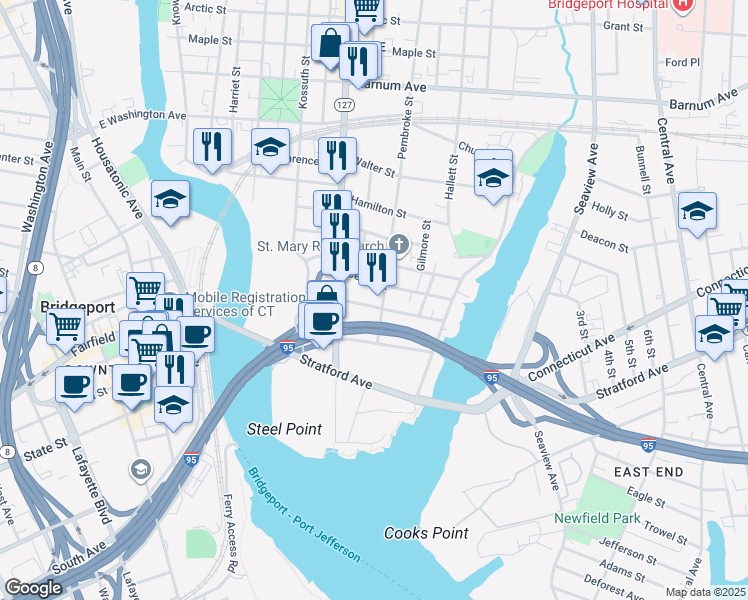 map of restaurants, bars, coffee shops, grocery stores, and more near 349 Nichols Street in Bridgeport