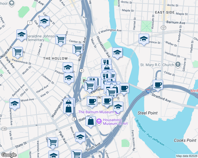 map of restaurants, bars, coffee shops, grocery stores, and more near in Bridgeport