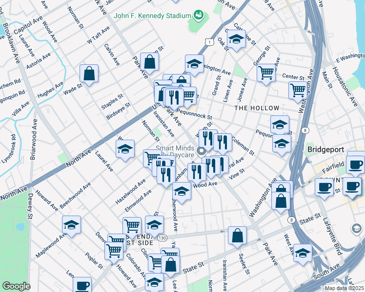 map of restaurants, bars, coffee shops, grocery stores, and more near 1433 Iranistan Avenue in Bridgeport