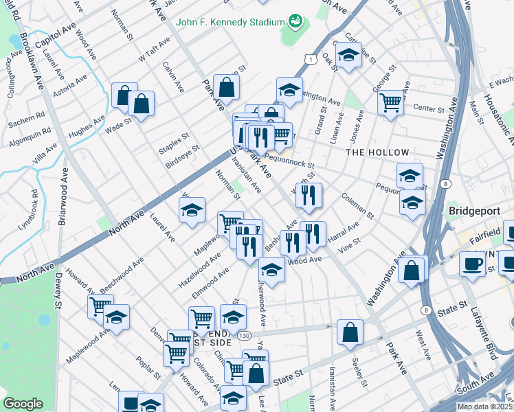map of restaurants, bars, coffee shops, grocery stores, and more near 826 Norman Street in Bridgeport