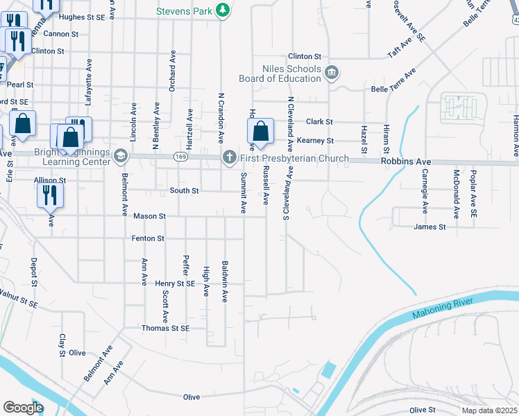 map of restaurants, bars, coffee shops, grocery stores, and more near 204 Russell Avenue in Niles