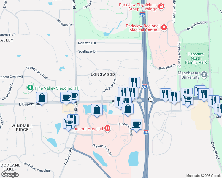 map of restaurants, bars, coffee shops, grocery stores, and more near 2633 White Hall Drive in Fort Wayne