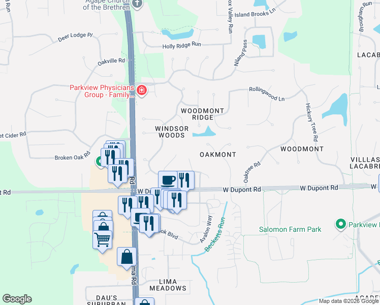 map of restaurants, bars, coffee shops, grocery stores, and more near 10512 Langworth Court in Fort Wayne