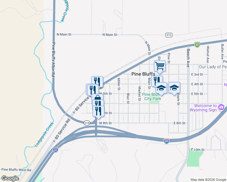 map of restaurants, bars, coffee shops, grocery stores, and more near 311 West 5th Street in Pine Bluffs