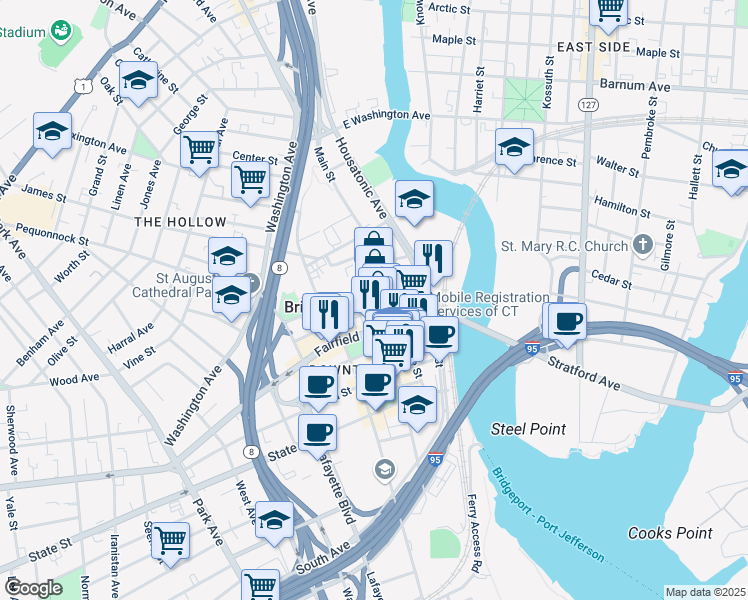map of restaurants, bars, coffee shops, grocery stores, and more near 1153 Main Street in Bridgeport