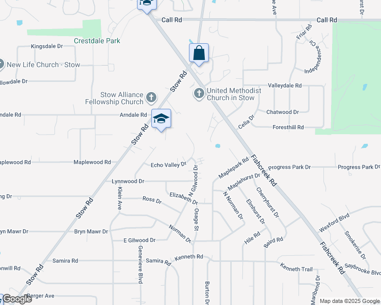 map of restaurants, bars, coffee shops, grocery stores, and more near 2383 Echo Valley Drive in Stow