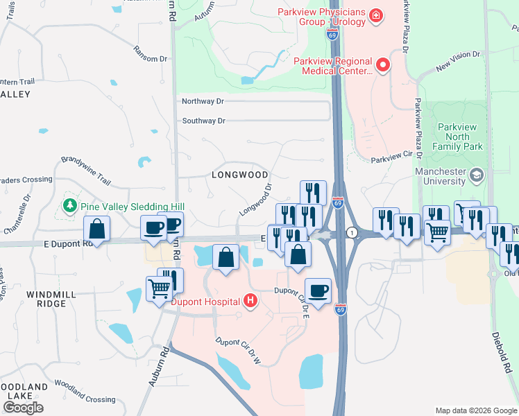 map of restaurants, bars, coffee shops, grocery stores, and more near 2633 White Hall Drive in Fort Wayne