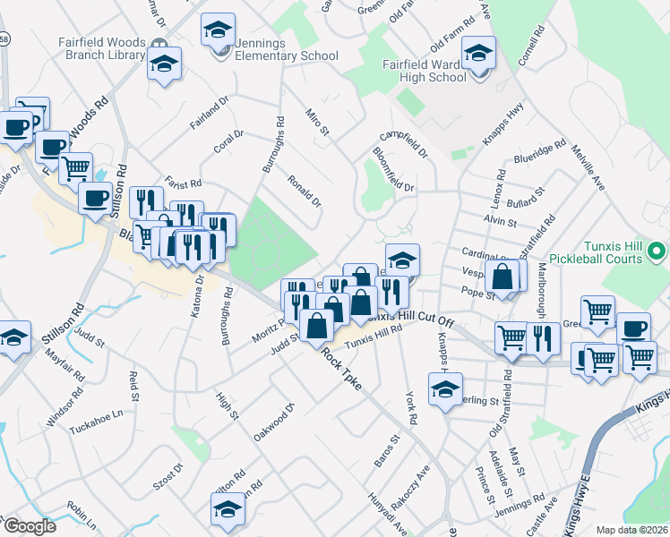 map of restaurants, bars, coffee shops, grocery stores, and more near 11 Whitewood Drive in Fairfield