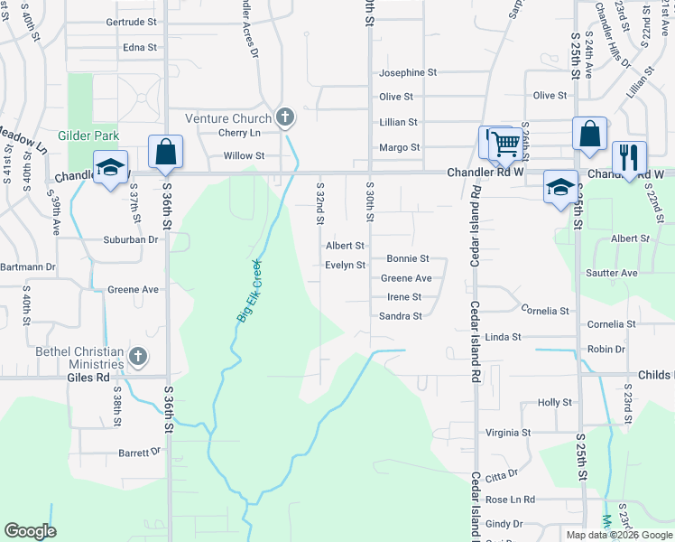 map of restaurants, bars, coffee shops, grocery stores, and more near 3105 Evelyn Street in Omaha