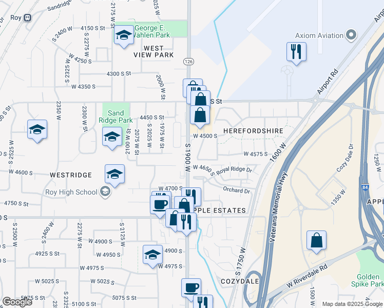 map of restaurants, bars, coffee shops, grocery stores, and more near 4642 South 1900 West in Roy