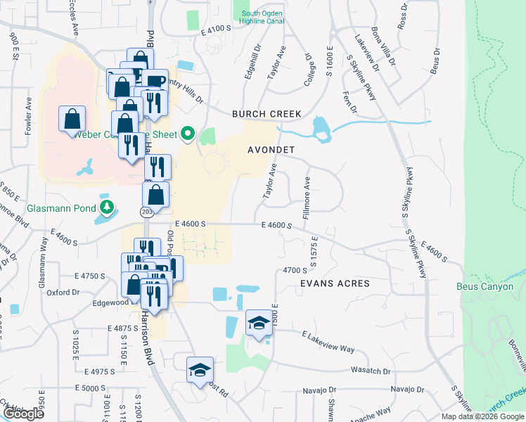 map of restaurants, bars, coffee shops, grocery stores, and more near 1470 East 4600 South in Ogden