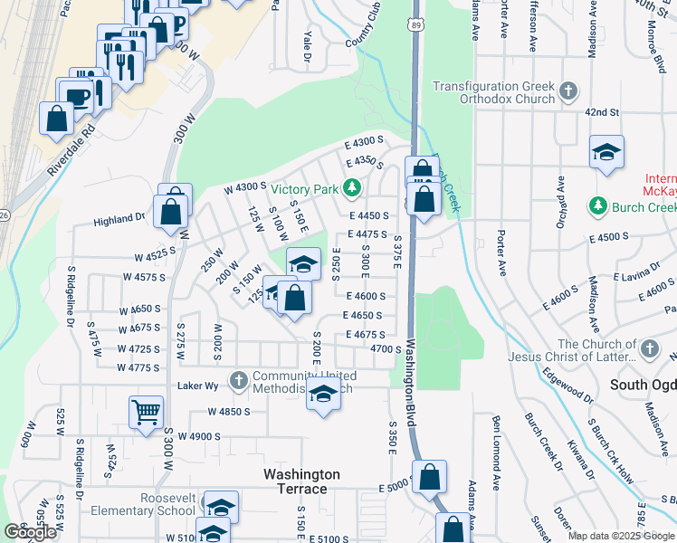 map of restaurants, bars, coffee shops, grocery stores, and more near 4594 South 250 East in Ogden