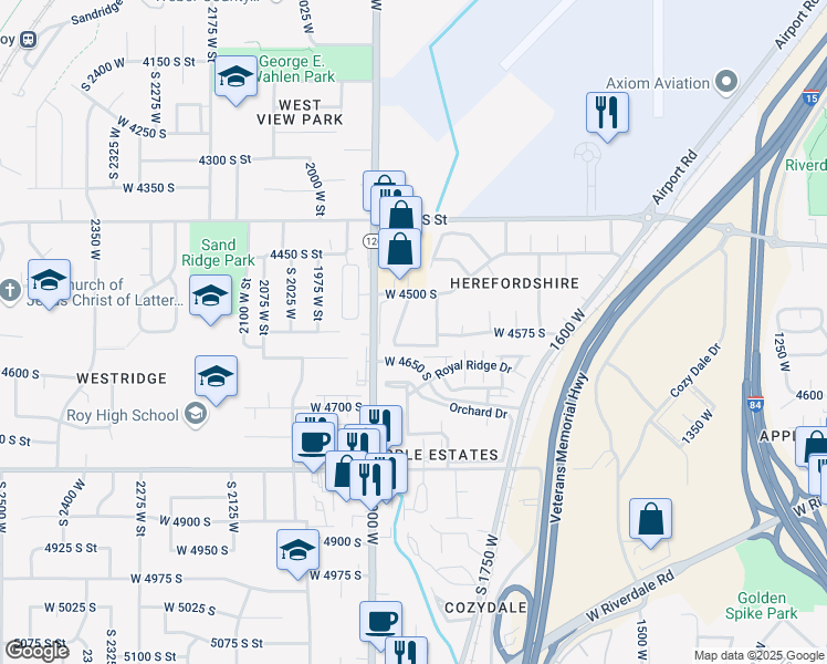 map of restaurants, bars, coffee shops, grocery stores, and more near 1790 Grove Hideaway Street in Roy