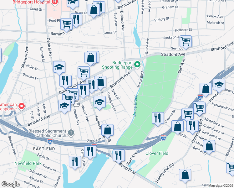 map of restaurants, bars, coffee shops, grocery stores, and more near 170 Kelsey Street in Bridgeport