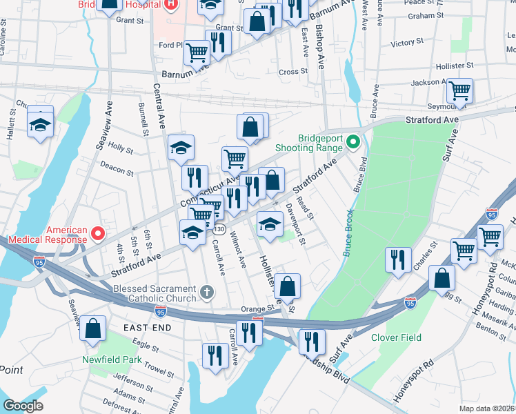 map of restaurants, bars, coffee shops, grocery stores, and more near 1506 Stratford Avenue in Bridgeport