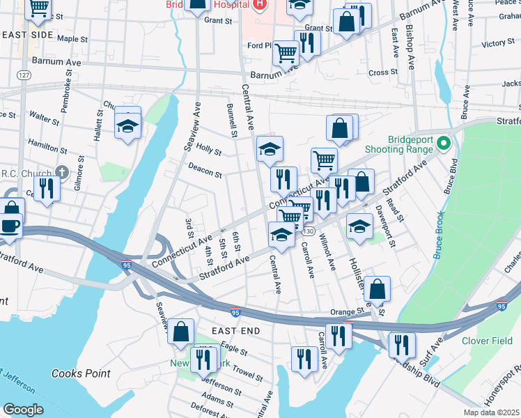 map of restaurants, bars, coffee shops, grocery stores, and more near 542 Connecticut Avenue in Bridgeport