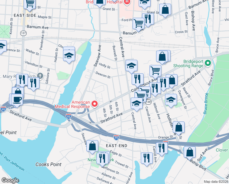 map of restaurants, bars, coffee shops, grocery stores, and more near 469 Connecticut Avenue in Bridgeport