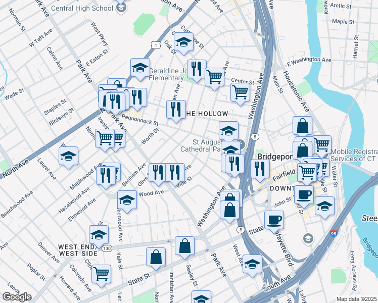 map of restaurants, bars, coffee shops, grocery stores, and more near 123 Harral Avenue in Bridgeport