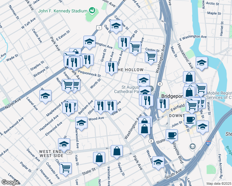 map of restaurants, bars, coffee shops, grocery stores, and more near 123 Harral Avenue in Bridgeport