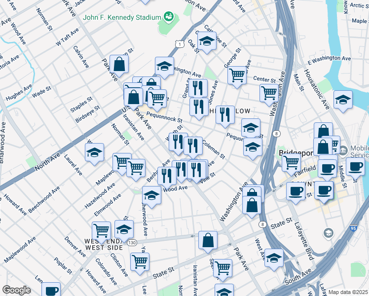 map of restaurants, bars, coffee shops, grocery stores, and more near 252 Olive Street in Bridgeport