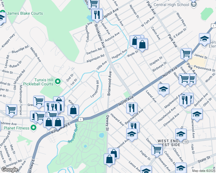 map of restaurants, bars, coffee shops, grocery stores, and more near 873 Briarwood Avenue in Bridgeport