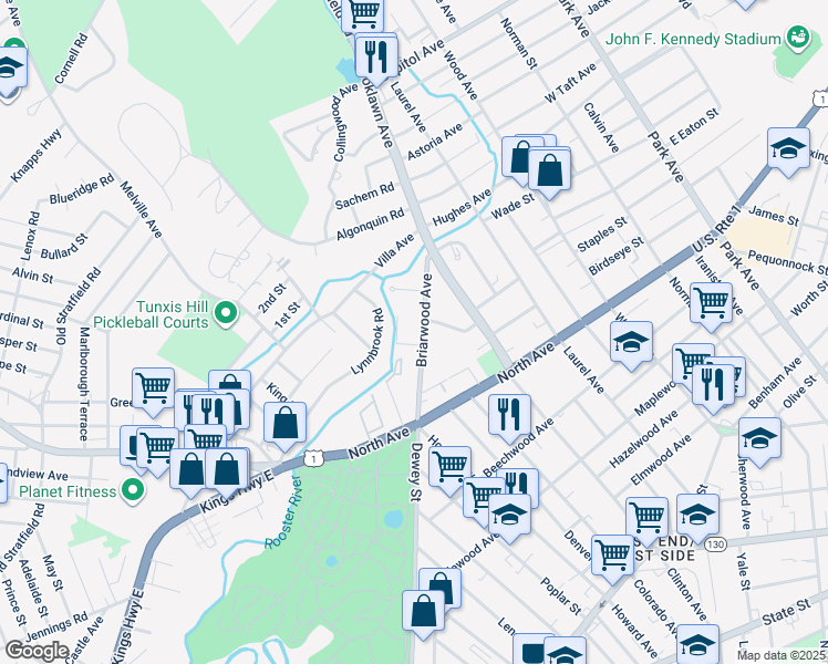 map of restaurants, bars, coffee shops, grocery stores, and more near 873 Briarwood Avenue in Bridgeport