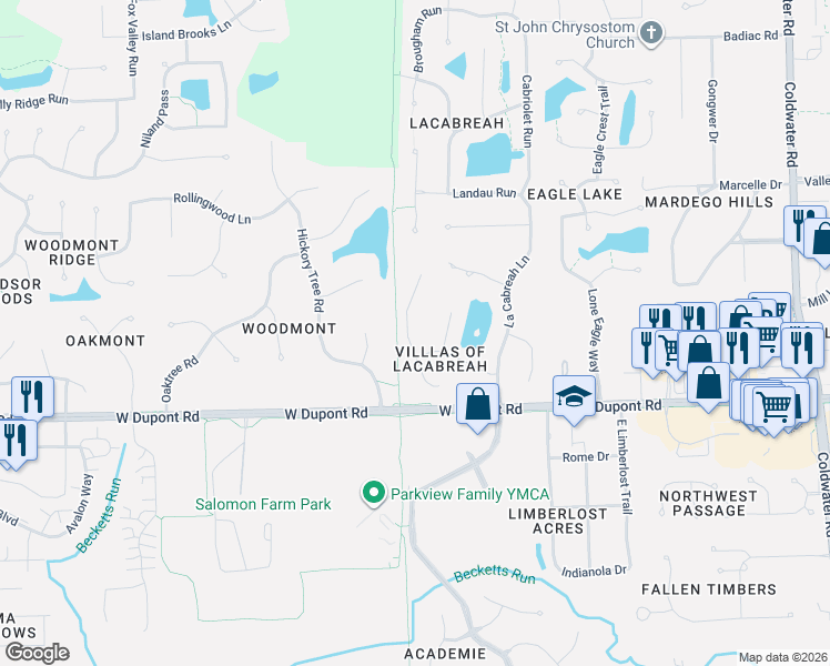 map of restaurants, bars, coffee shops, grocery stores, and more near The Pufferbelly Trail in Fort Wayne