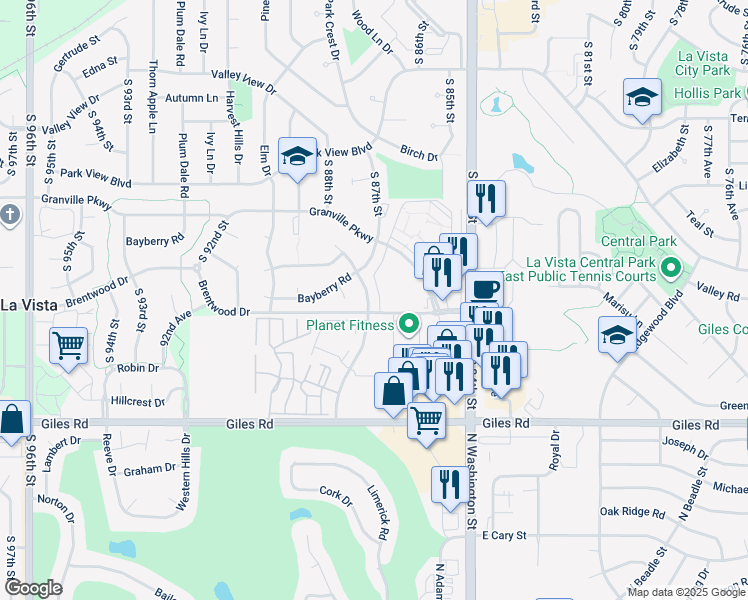 map of restaurants, bars, coffee shops, grocery stores, and more near 8623 Brentwood Drive in La Vista