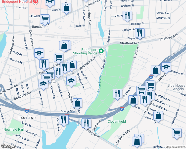 map of restaurants, bars, coffee shops, grocery stores, and more near 76 Cowles Street in Bridgeport
