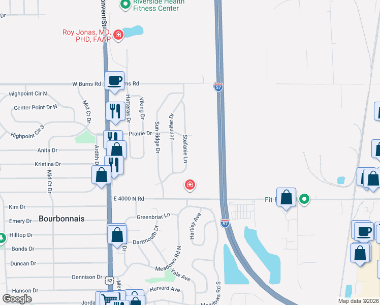 map of restaurants, bars, coffee shops, grocery stores, and more near 1554 Stefanie Lane in Bourbonnais